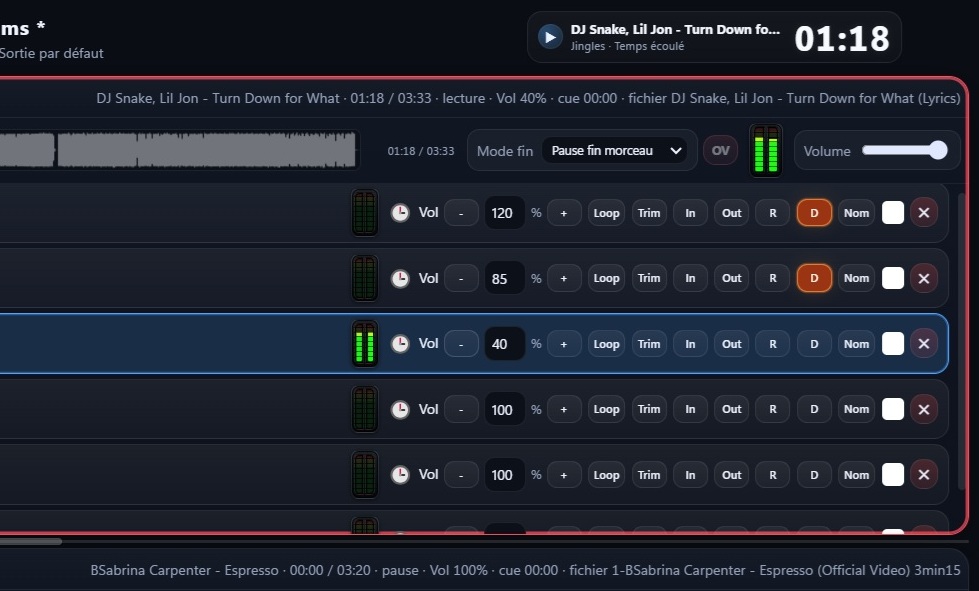 Réglages par piste audio dans DoubleMix Player